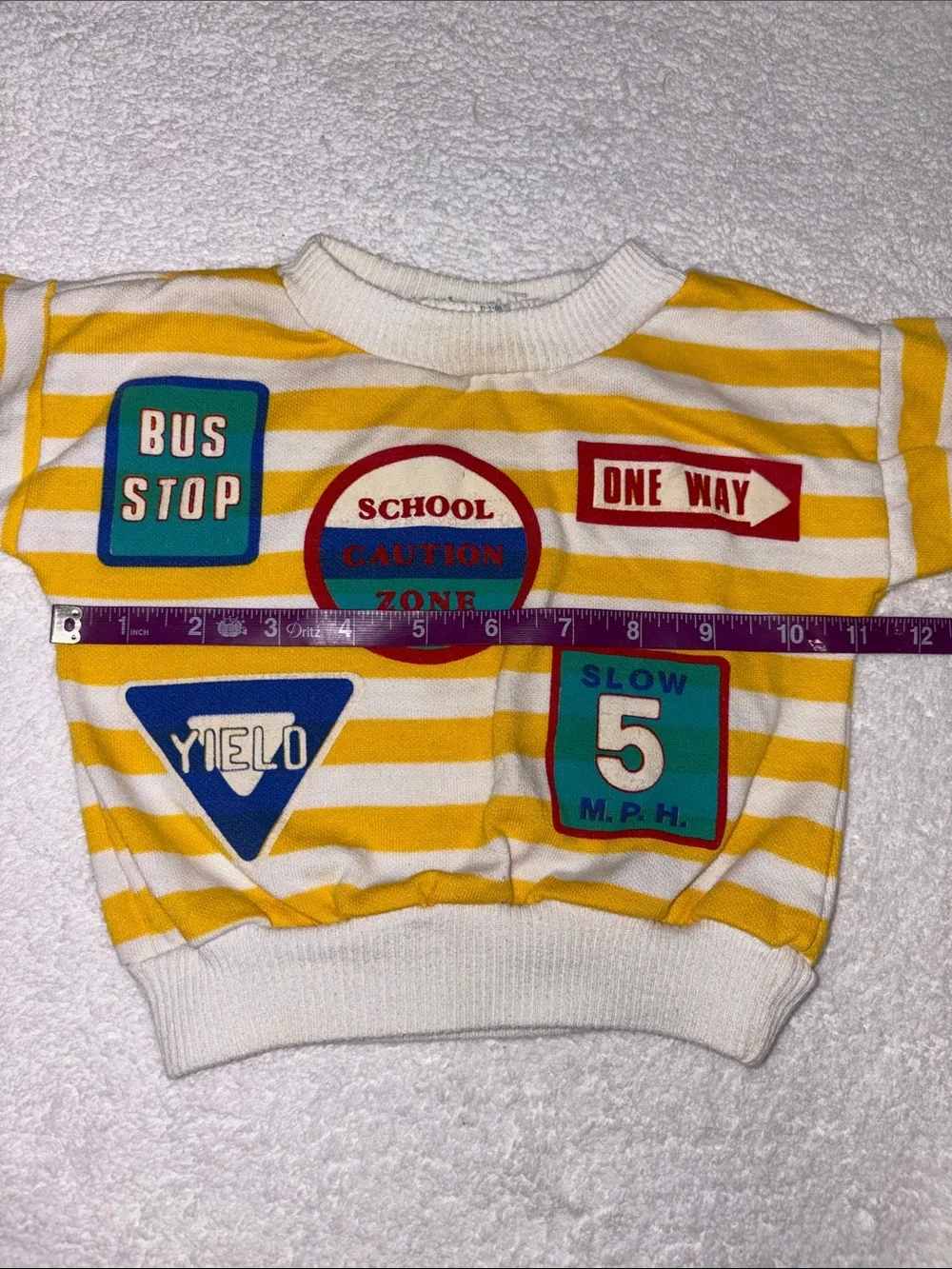 healthtex Yellow & White Striped Sweatshirt with Road Sign Patches vintage 12m